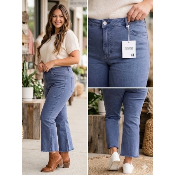 Zenana Denim - Zenana Women 1XL Blue High Rise Cropped Flare Raw Hem Jeans DMP-1847X